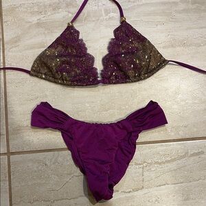 Elegant Purple Lace & Sequin Beach Bunny Bikini Set